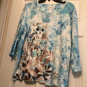 Alfred Dunner Blue and Brown Owl Print Long Sleeve Top